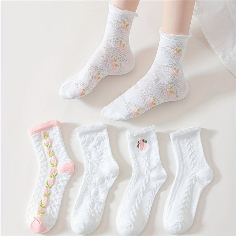 5 Pairs Floral Print Ruffle Socks Women's Stockings & Hosiery