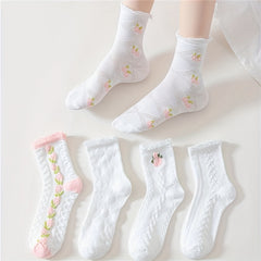5 Pairs Floral Print Ruffle Socks Women's Stockings & Hosiery