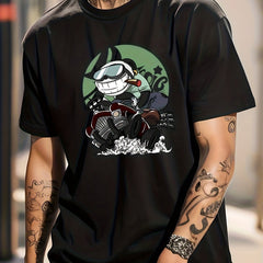 Cotton Anime Panda On Vintage Car Print Men's Graphic Crew Neck T shirt
