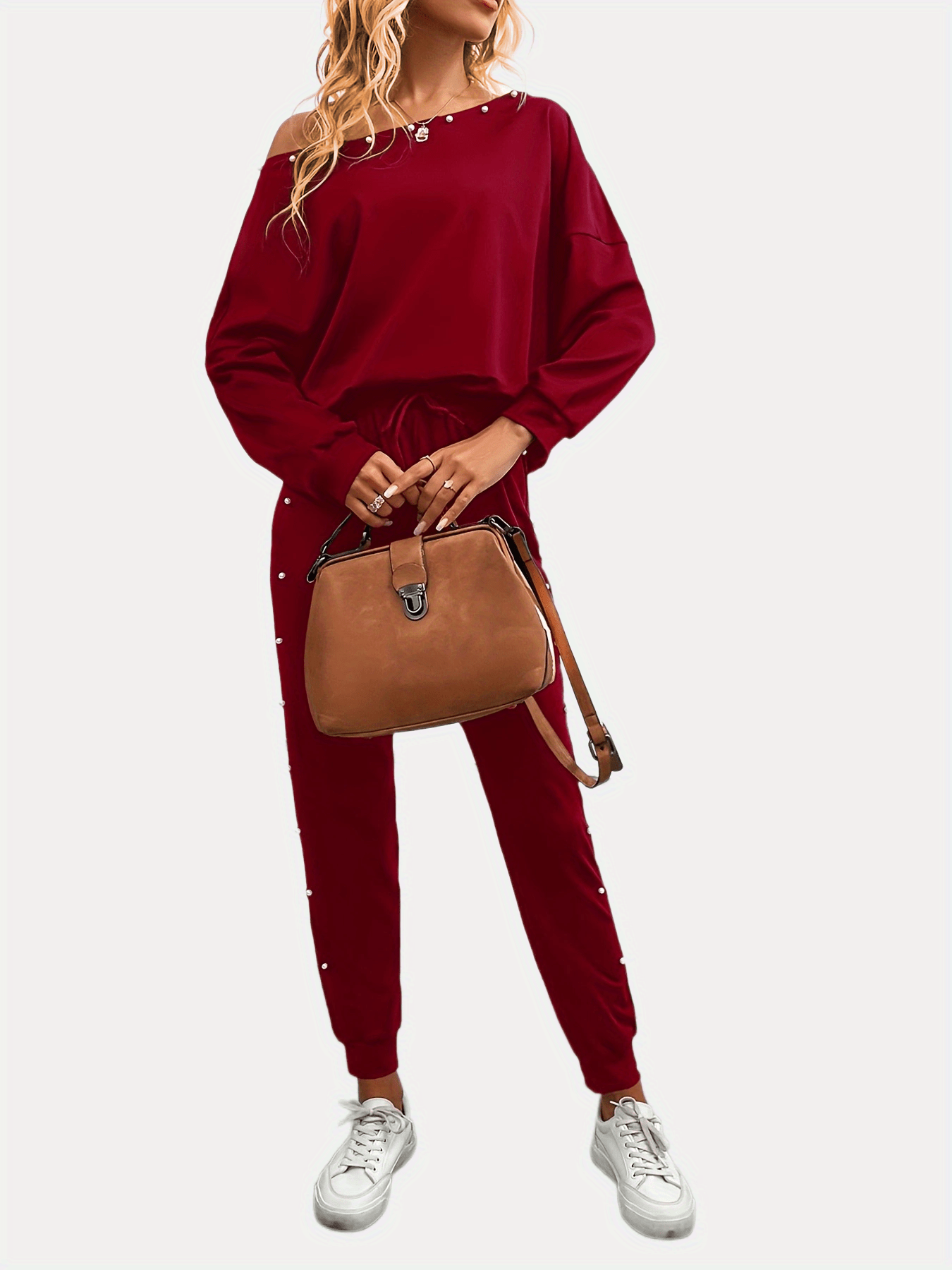 Beaded Decor Two piece Set Cold Shoulder Top & Joggers