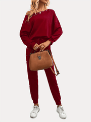Beaded Decor Two piece Set Cold Shoulder Top & Joggers