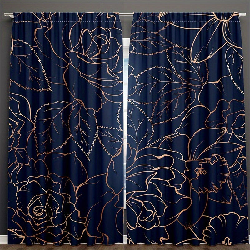 2pcs Golden Flowers and Leaves Floral Foliage Curtains for Home Decor
