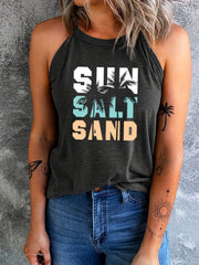 Coconut Tree & Letter Print Tank Top Casual Halter Neck Sleeveless Top