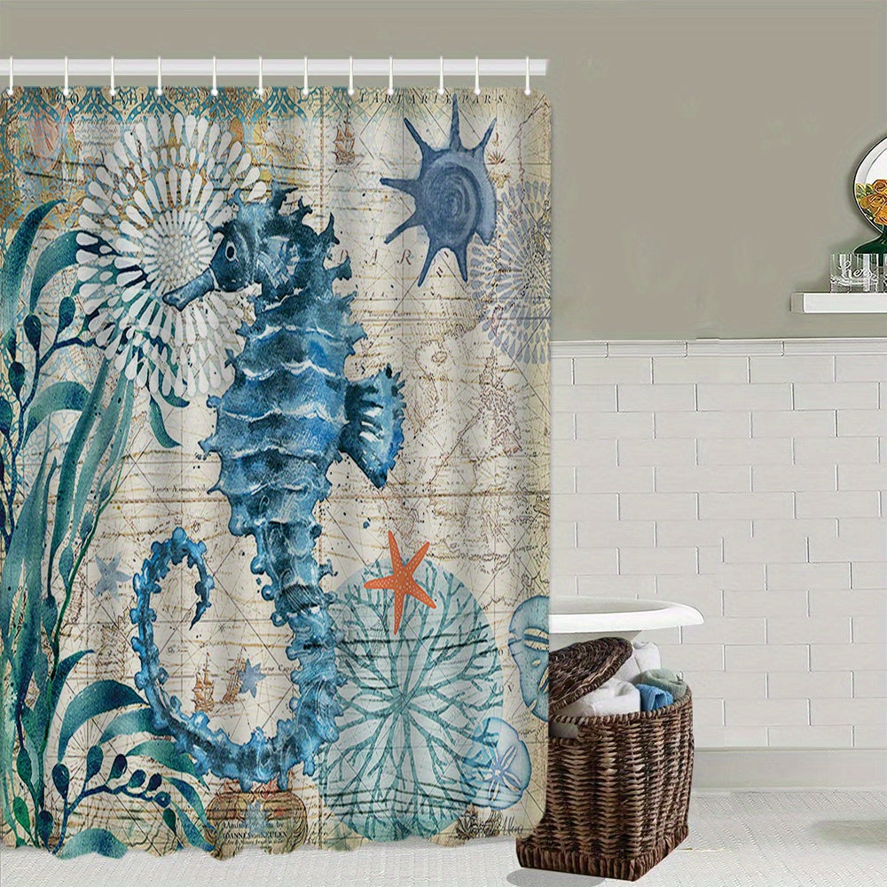 Seahorse Shower Curtain Set with Bathroom Rug and Hooks