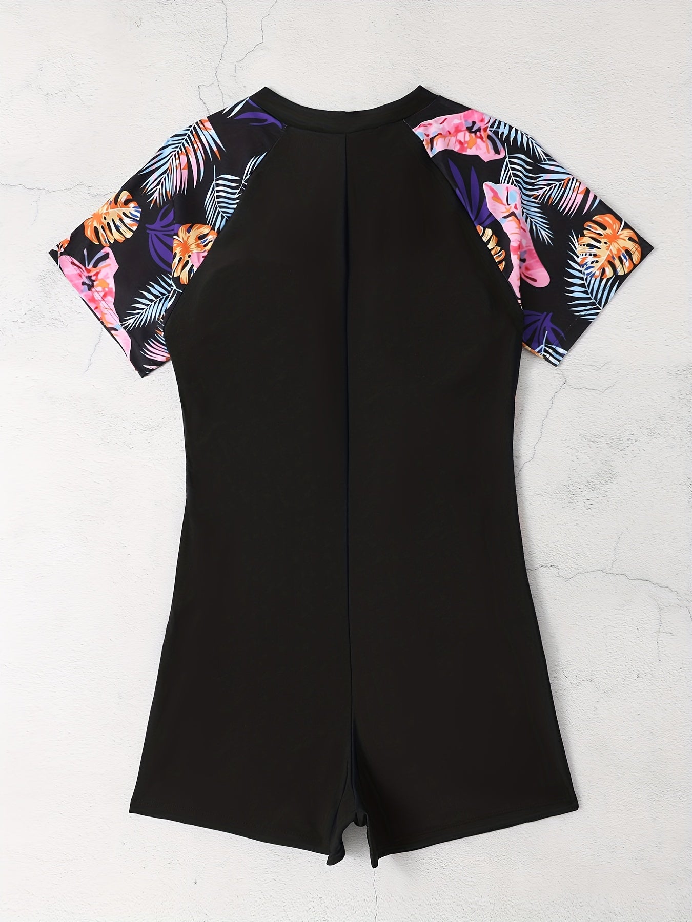 Colorblock Tropical Print Zip Up One Piece Swimsuit
