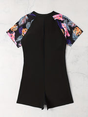 Colorblock Tropical Print Zip Up One Piece Swimsuit