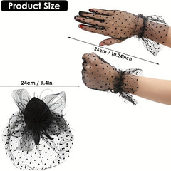 3pcs Fascinator Hat & Lace Gloves Set Tea Party Beret Wedding Feather Veil Clip