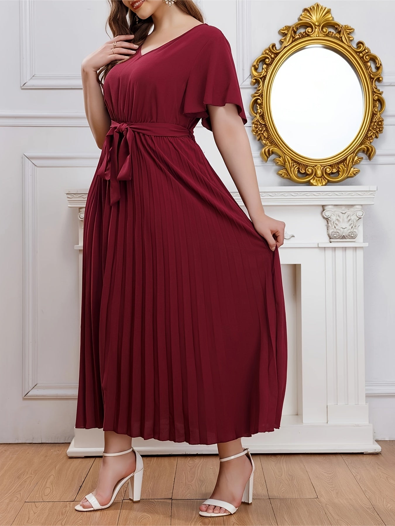 Solid Ruffle Sleeve V Neck Formal Dress