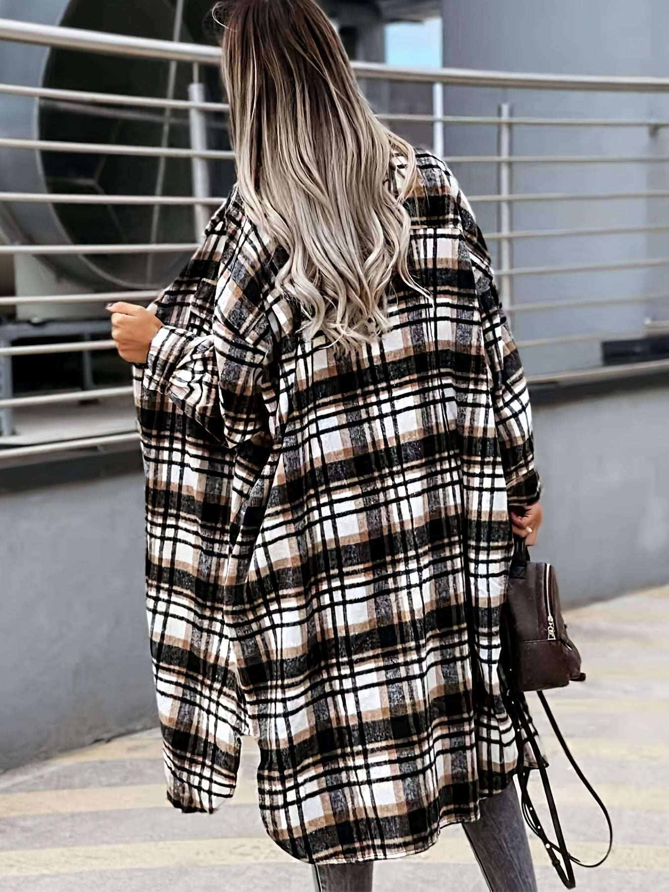 Plaid Print Long Length Jacket Button Front Outwear