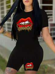 Lips Print 2pc T Shirt Set Short Sleeve Tee & Shorts Casual Outfit
