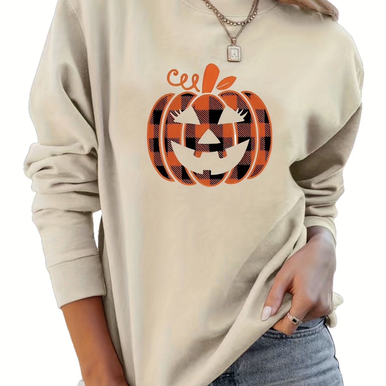 Halloween Pumpkin Print Crew Neck Sweatshirt for Women