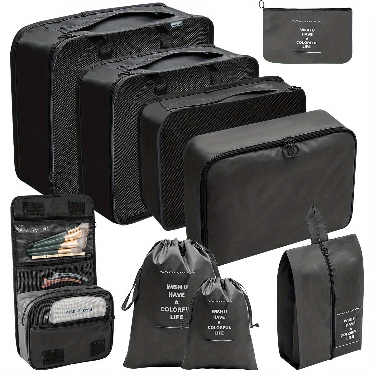 9pcs Travel Packing Bags Luggage Tote Bags With Shoe & Toiletry Bag