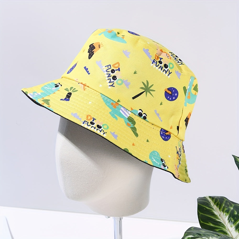 Dinosaur Print Bucket Hat Yellow Cartoon Basin Hat Lightweight Fisherman Cap