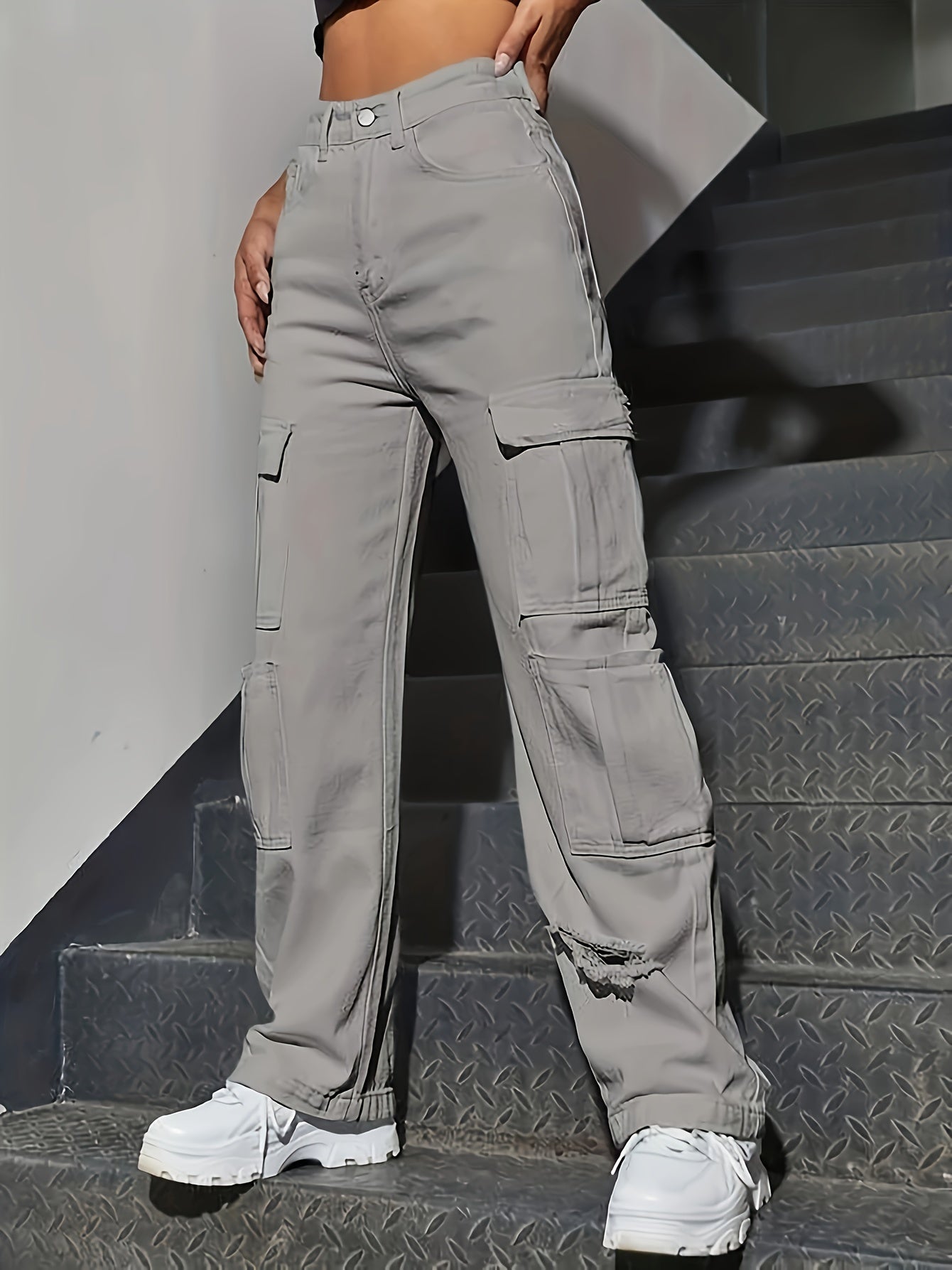 Cargo Pocket Jeans Solid Street Kpop Y2K Style Denim Pants Women's