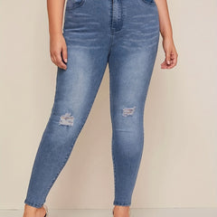 Washed Ripped Button Fly Skinny Denim Trousers