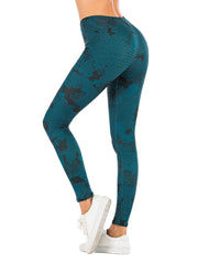 Dark Cyan Print Leggings High Waist Slim Fit Casual Elastic Bottoms