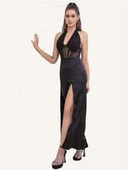 Contrast Mesh Split Halter Jumpsuit Backless Sexy Jumpsuit