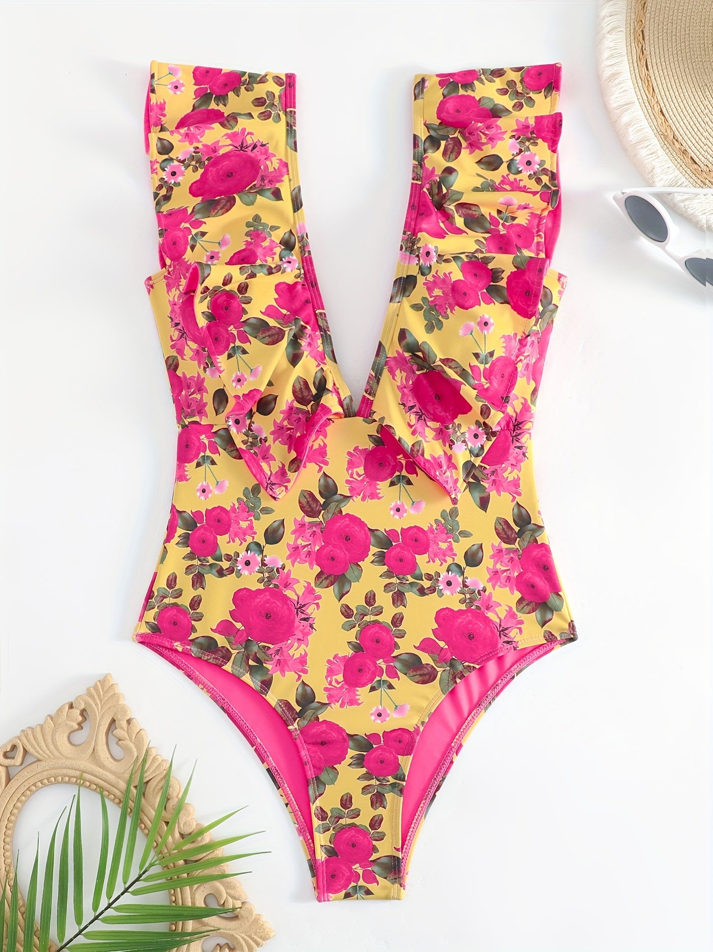 Floral Print Deep V Neck One Piece Swimsuit Ruffle Trim Vintage Style