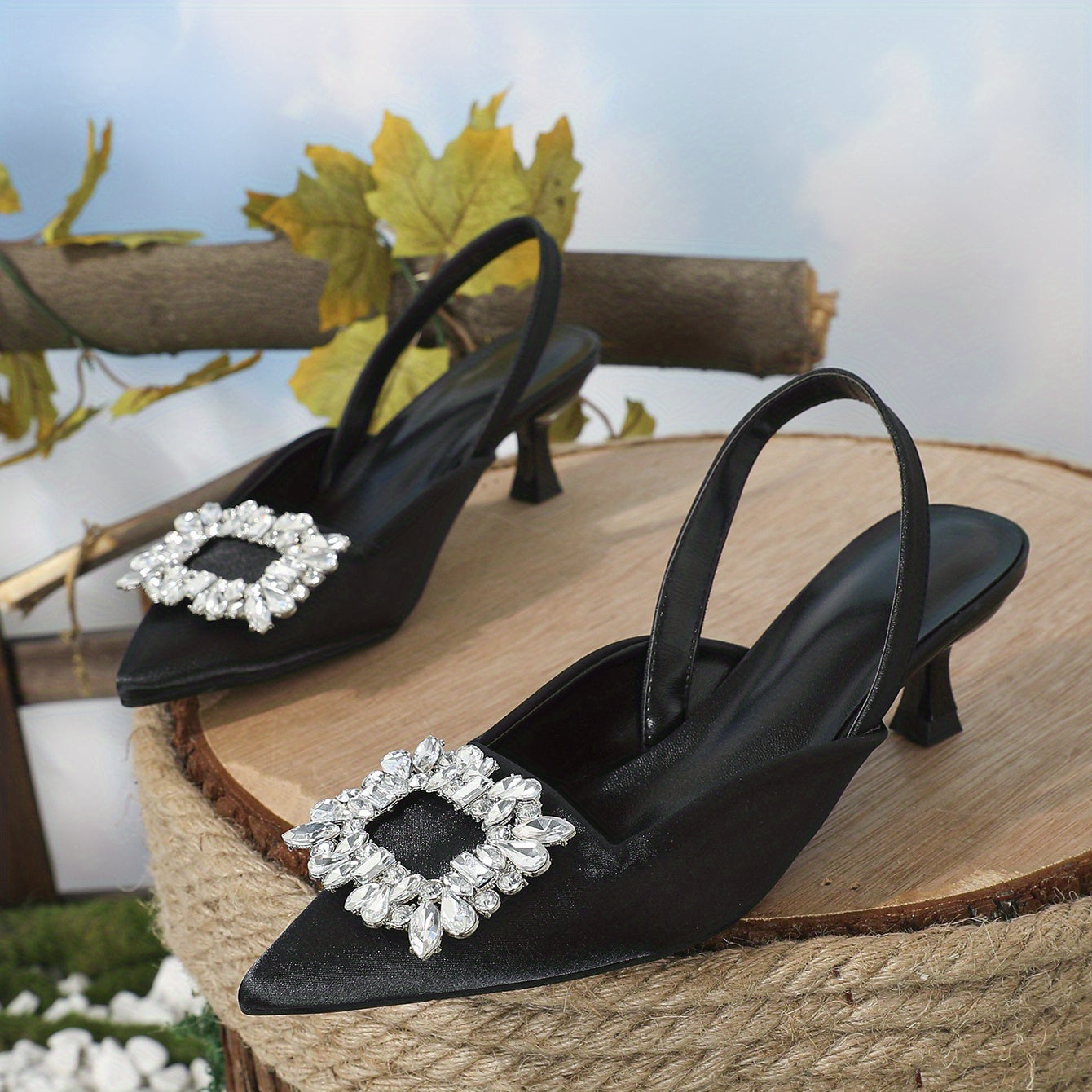 Women's Satin Kitten Heels Rhinestone Buckle Evening Dress Shoes