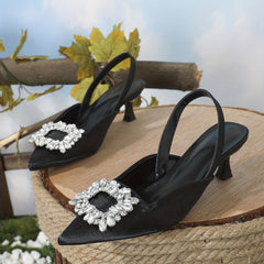 Women's Satin Kitten Heels Rhinestone Buckle Evening Dress Shoes
