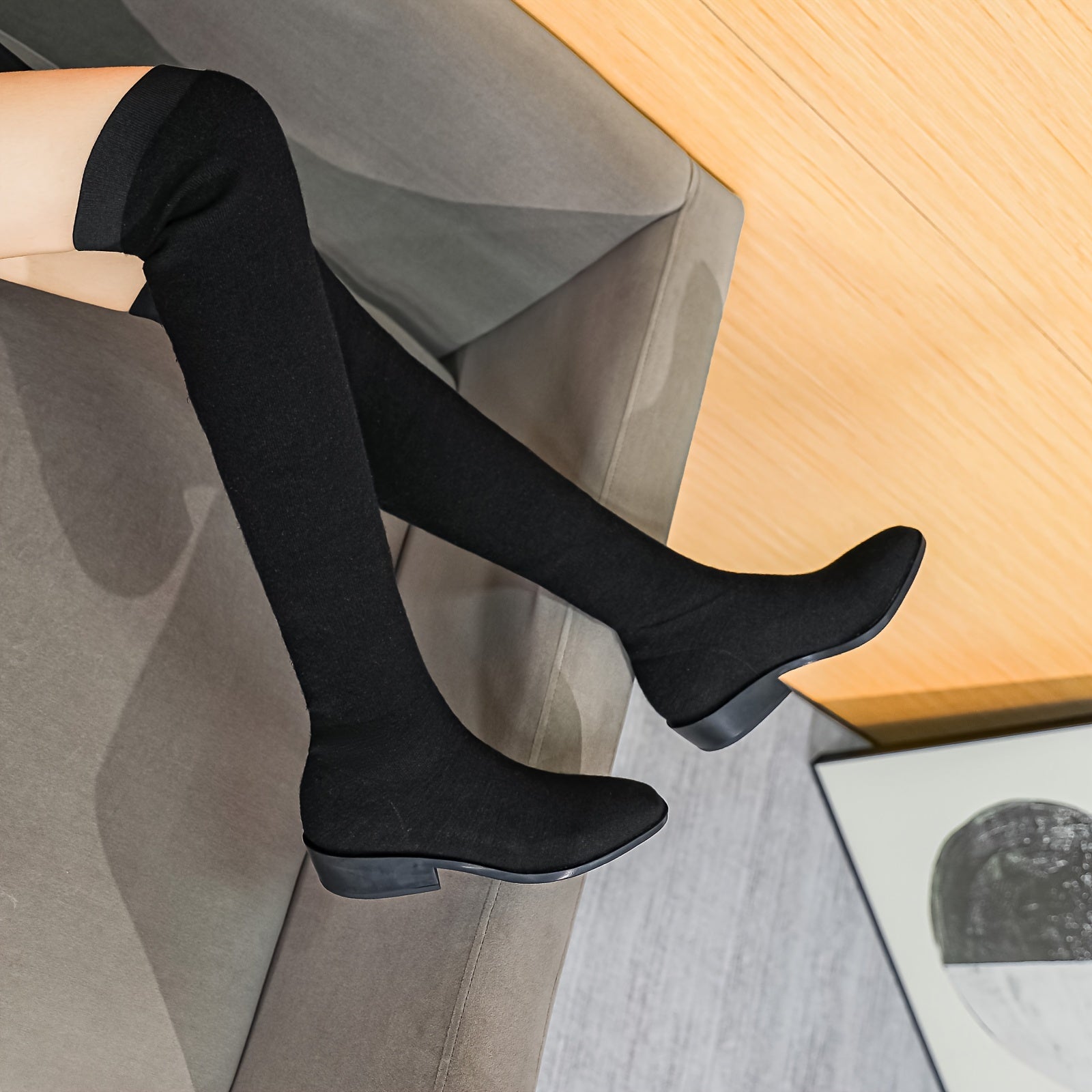 Women's Stretchy Thigh High Boots Chunky Heeled Boots