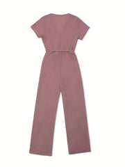 Solid Color Waffle V-Neck Jumpsuit with Tie Waist