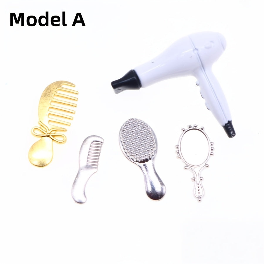 Alloy Dollhouse Hairdressing Set with Comb, Mirror, Dryer & Brush