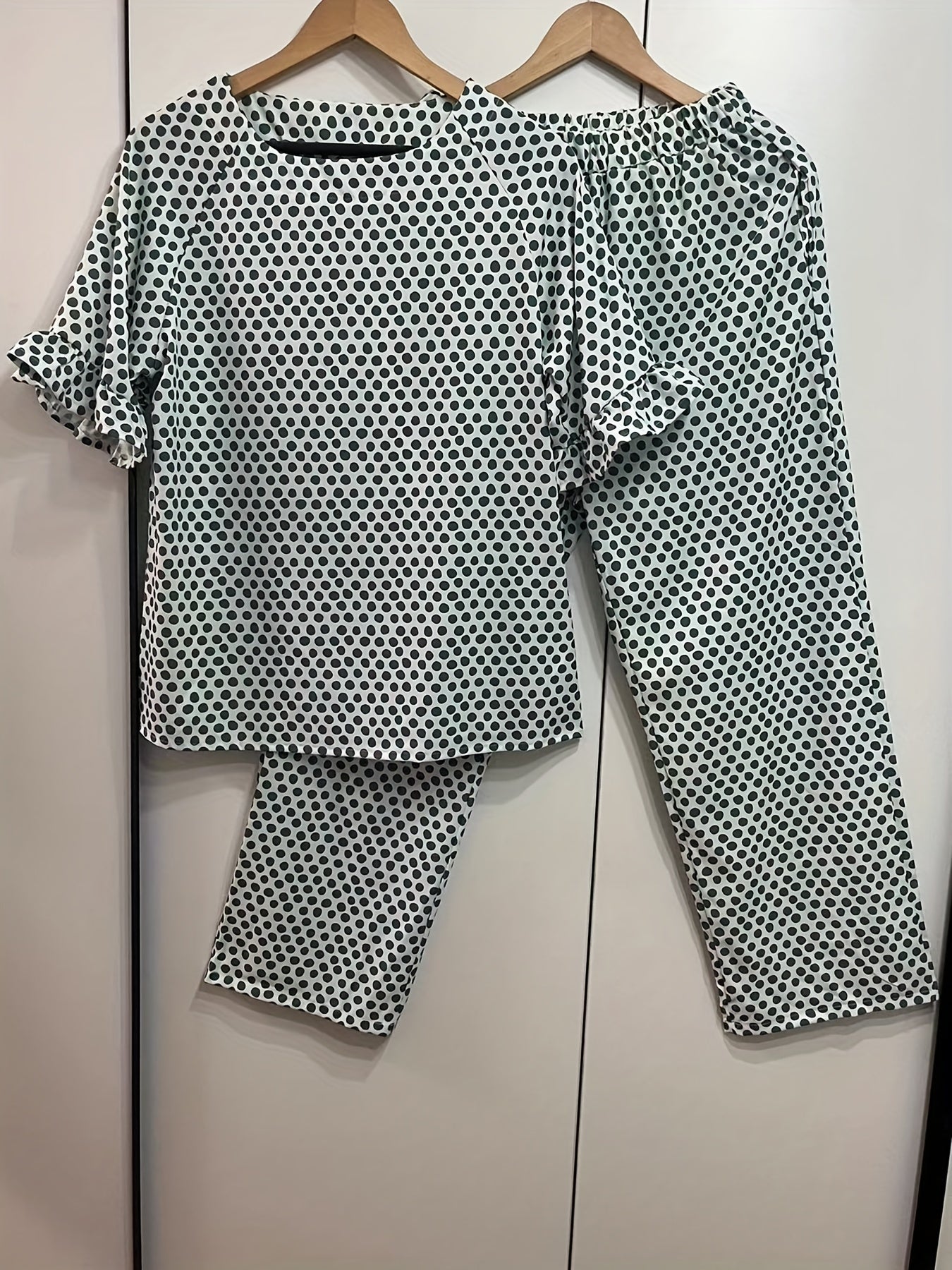 Polka Dot Matching Two piece Set Casual Ruffle Trim Blouse & Loose Pants