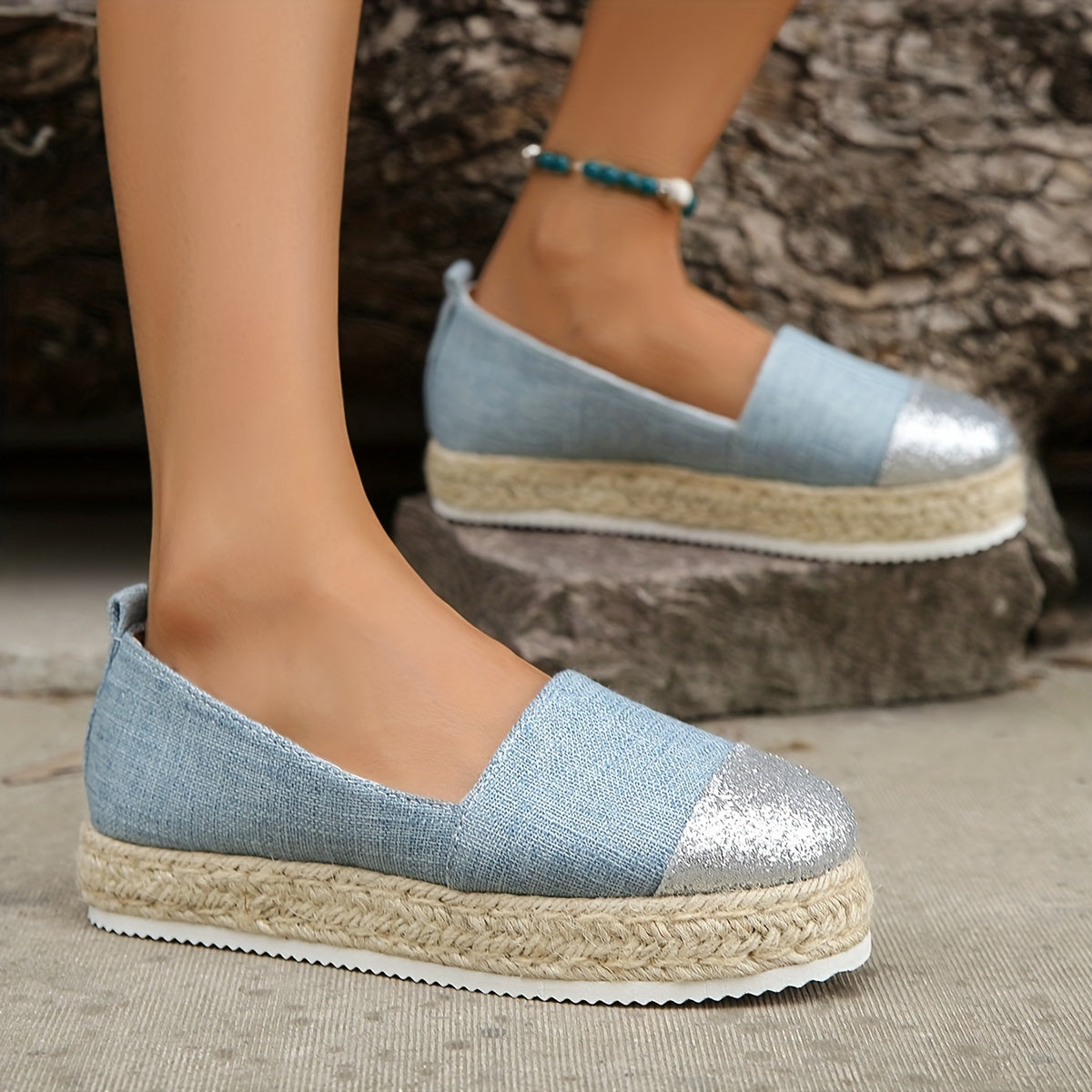Women's Glitter Platform Espadrille Shoes, Colorblock Slip On