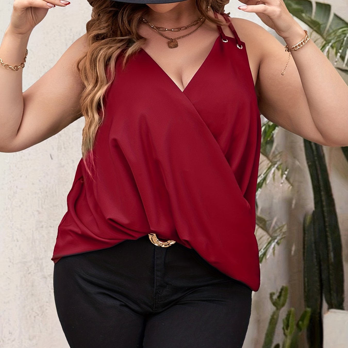 Casual Cami Top Womens Plus Solid Split Strap Summer Top