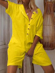 Casual Jumpsuit Solid Button Up Collar Romper