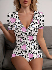 Skull Print Pajama Romper Short Sleeve V Neck Buttons Pajamas