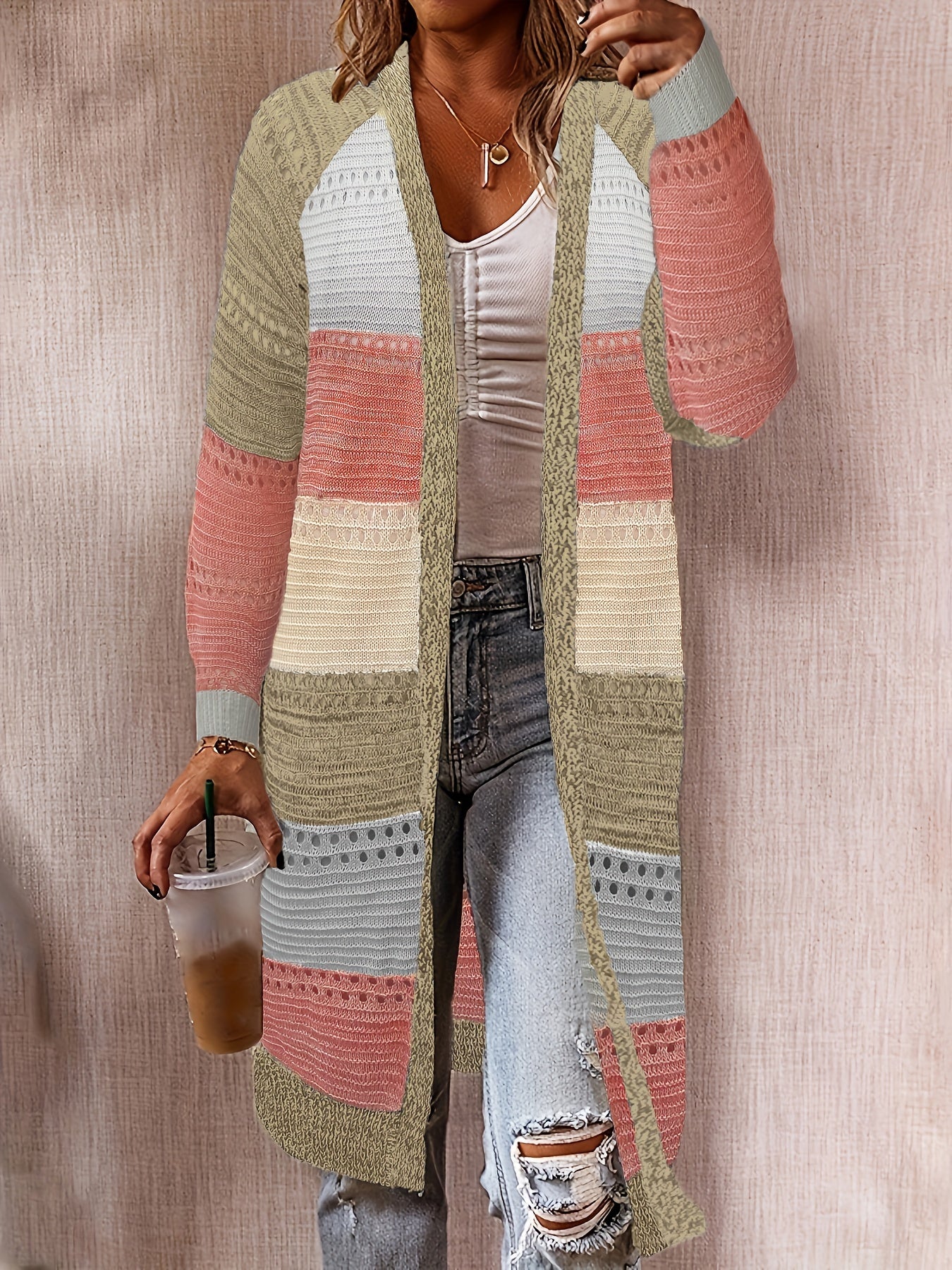 Colorblock Hollow Out Open Front Cardigan