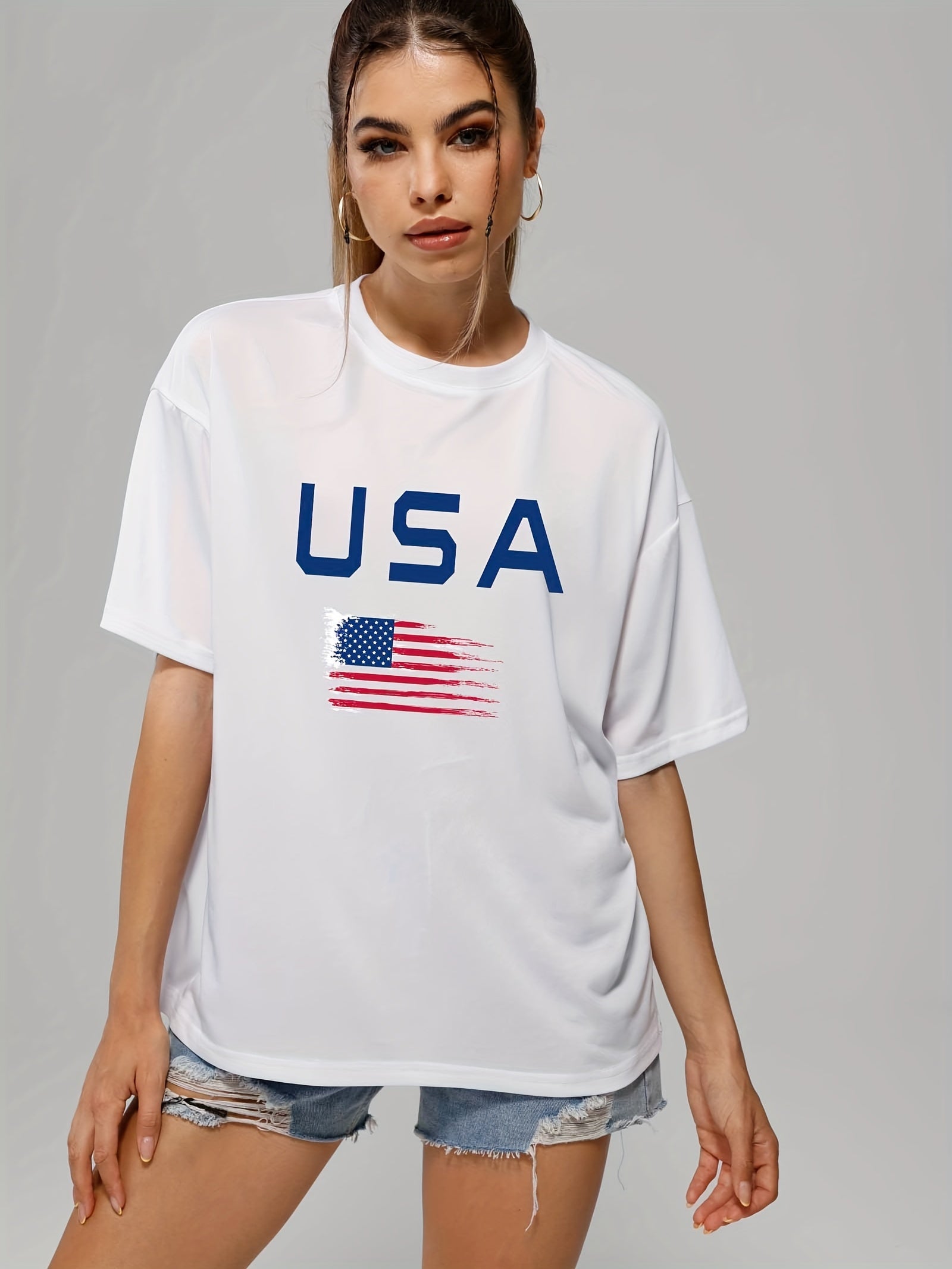 Letter & Flags Print Casual T-shirt Crew Neck Short Sleeve Tee