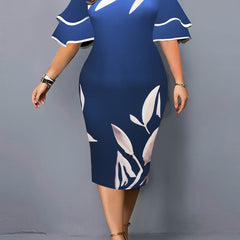 Leaf Print Slim Fit Round Neck Dress