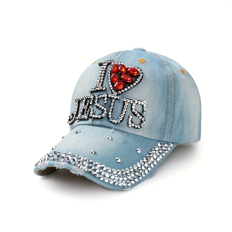 Rhinestone Baseball Cap Distressed Denim Sports Hat Lightweight Dad Hat