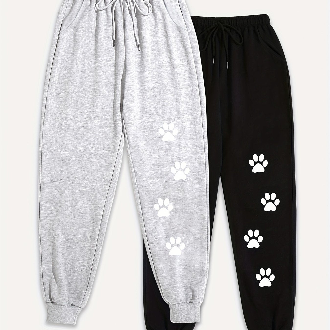 2 Pack Women's Plus Size Paw Print Sports Pants Elastic Drawstring Fitness