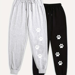 2 Pack Women's Plus Size Paw Print Sports Pants Elastic Drawstring Fitness