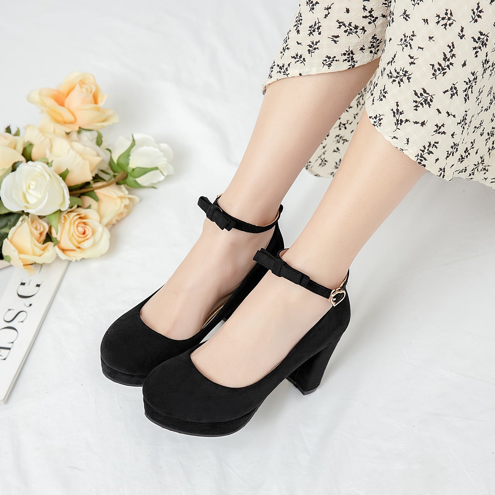 Women's Platform High Heels Ankle Strap Bow Dress Pumps