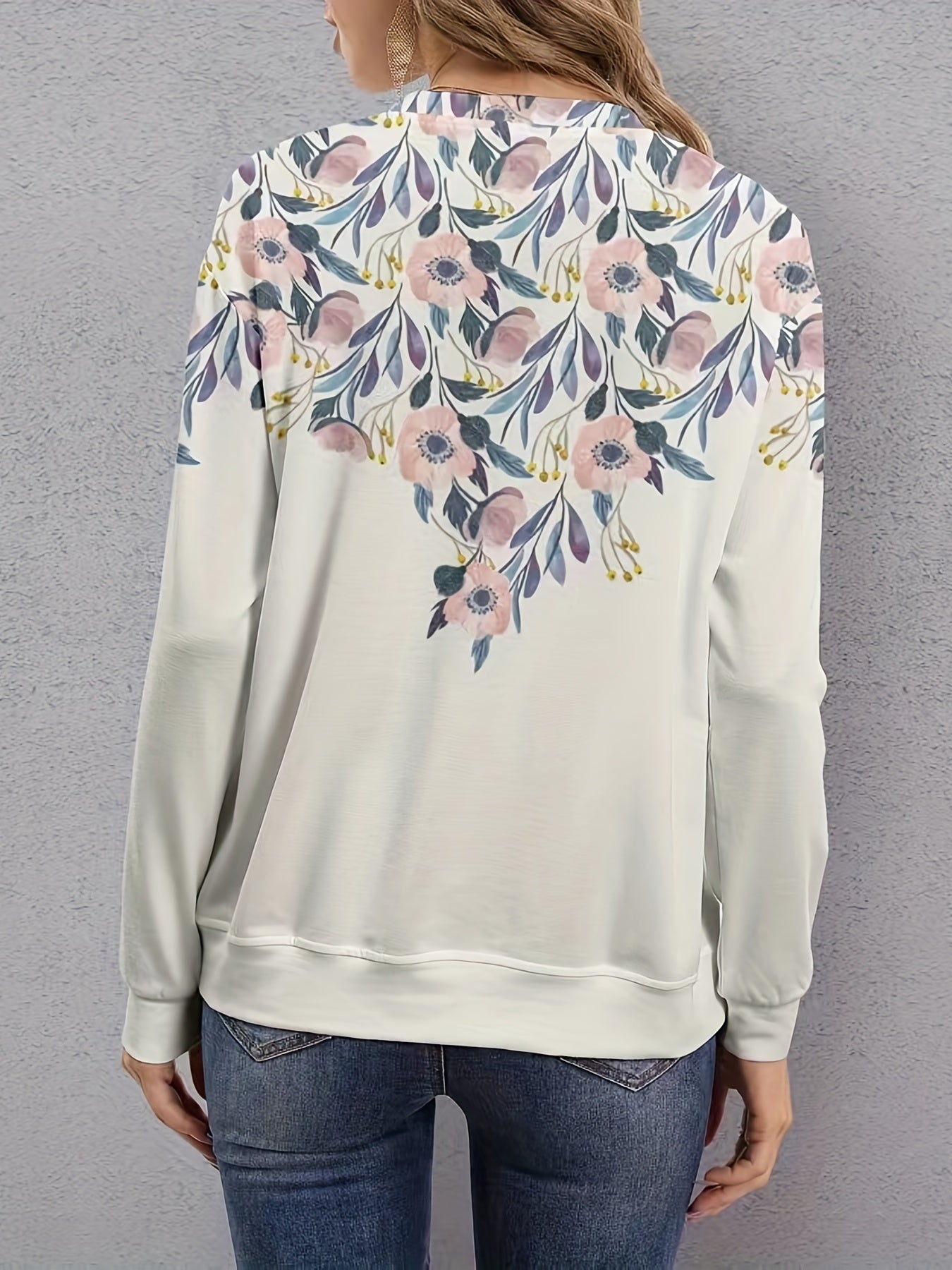 Floral Print Crew Neck Sweatshirt for Women