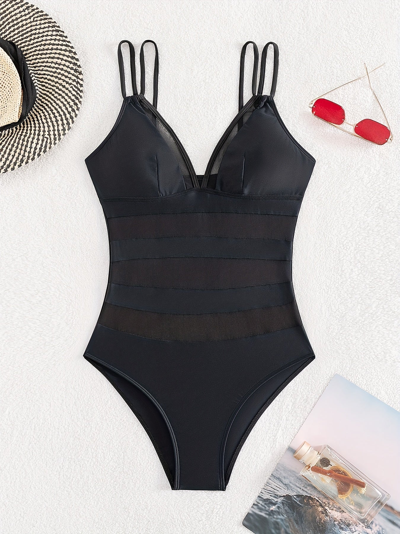 Solid Mesh Contrast One Piece Swimsuit V Neck Double Strap Stretchy Bathing Suit