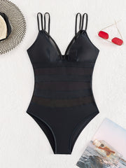 Solid Mesh Contrast One Piece Swimsuit V Neck Double Strap Stretchy Bathing Suit