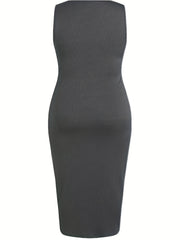 Solid Ribbed Square Neck Ruched Bodycon Dress