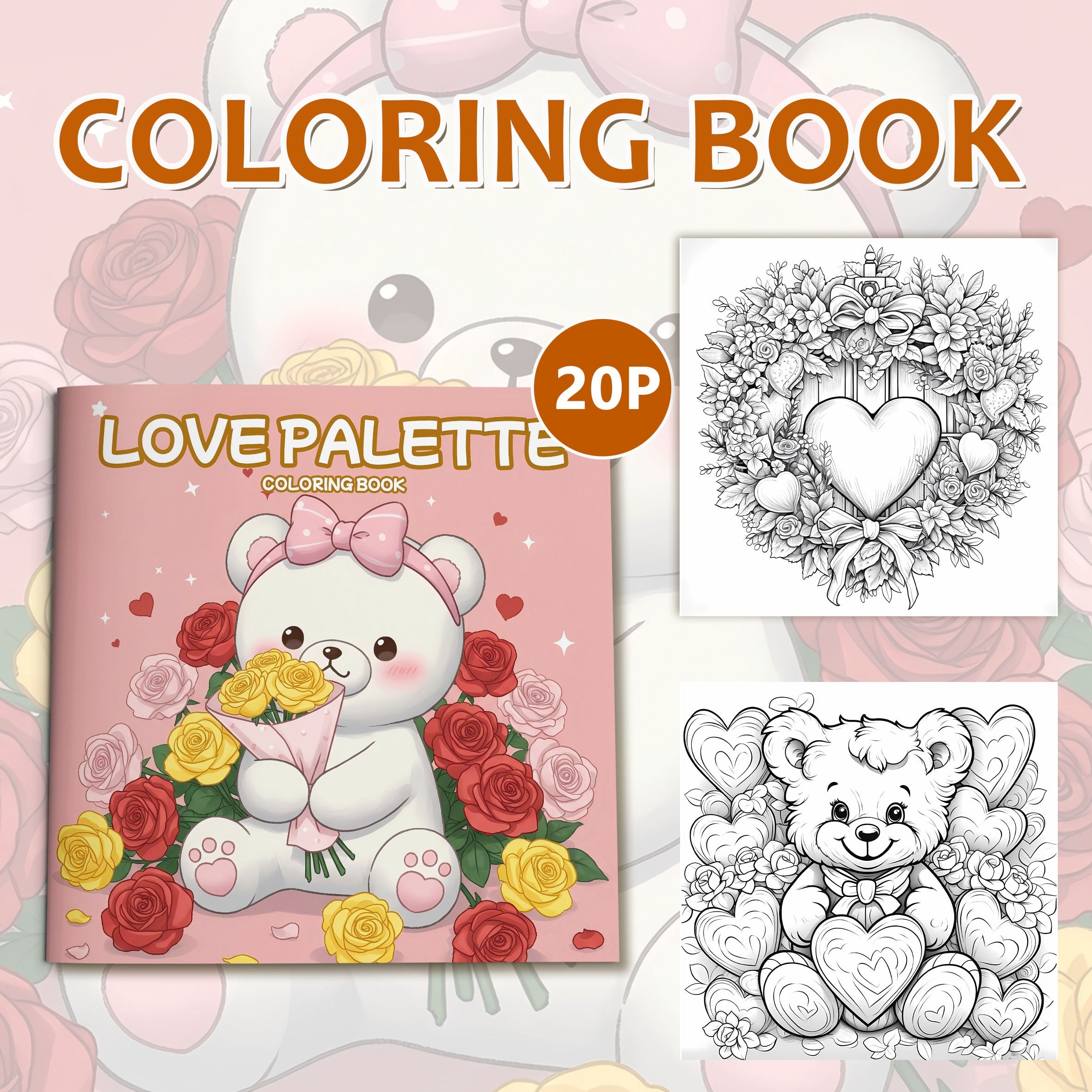 Love Palette Adult Coloring Book 24 Pages Single Sided Bear Floral Heart Designs