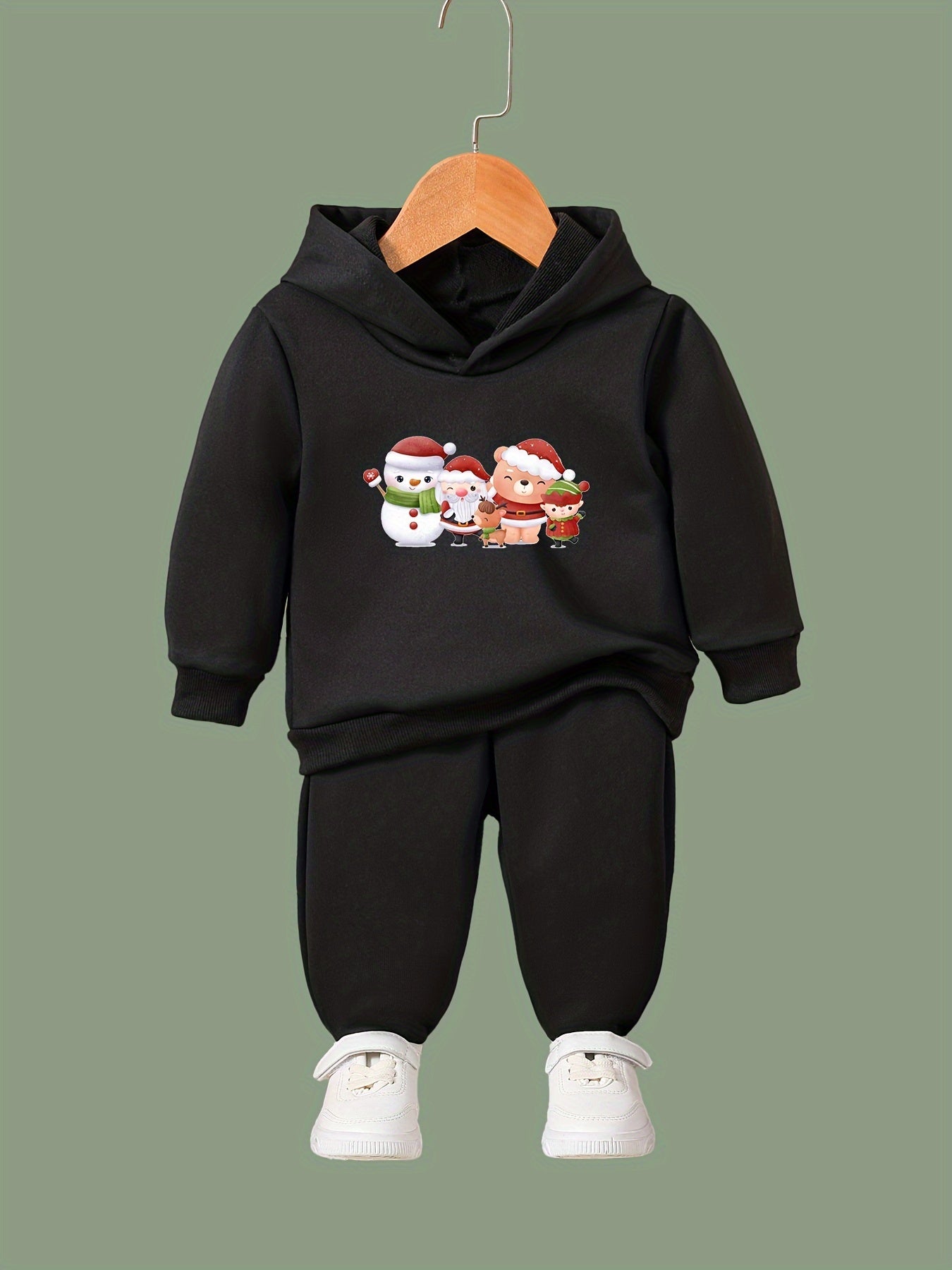 Girls Christmas Cartoon Print Hooded Top Sweatpants Set