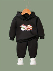 Girls Christmas Cartoon Print Hooded Top Sweatpants Set