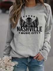 Nashville Music City Print Sweatshirt Long Sleeve Crew Neck