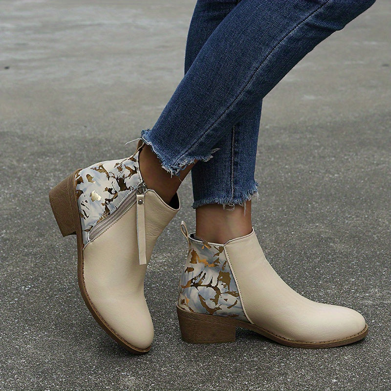 Women's Chunky Heeled Ankle Boots Print Side Zipper Short Boots