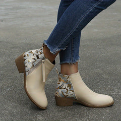 Women's Chunky Heeled Ankle Boots Print Side Zipper Short Boots