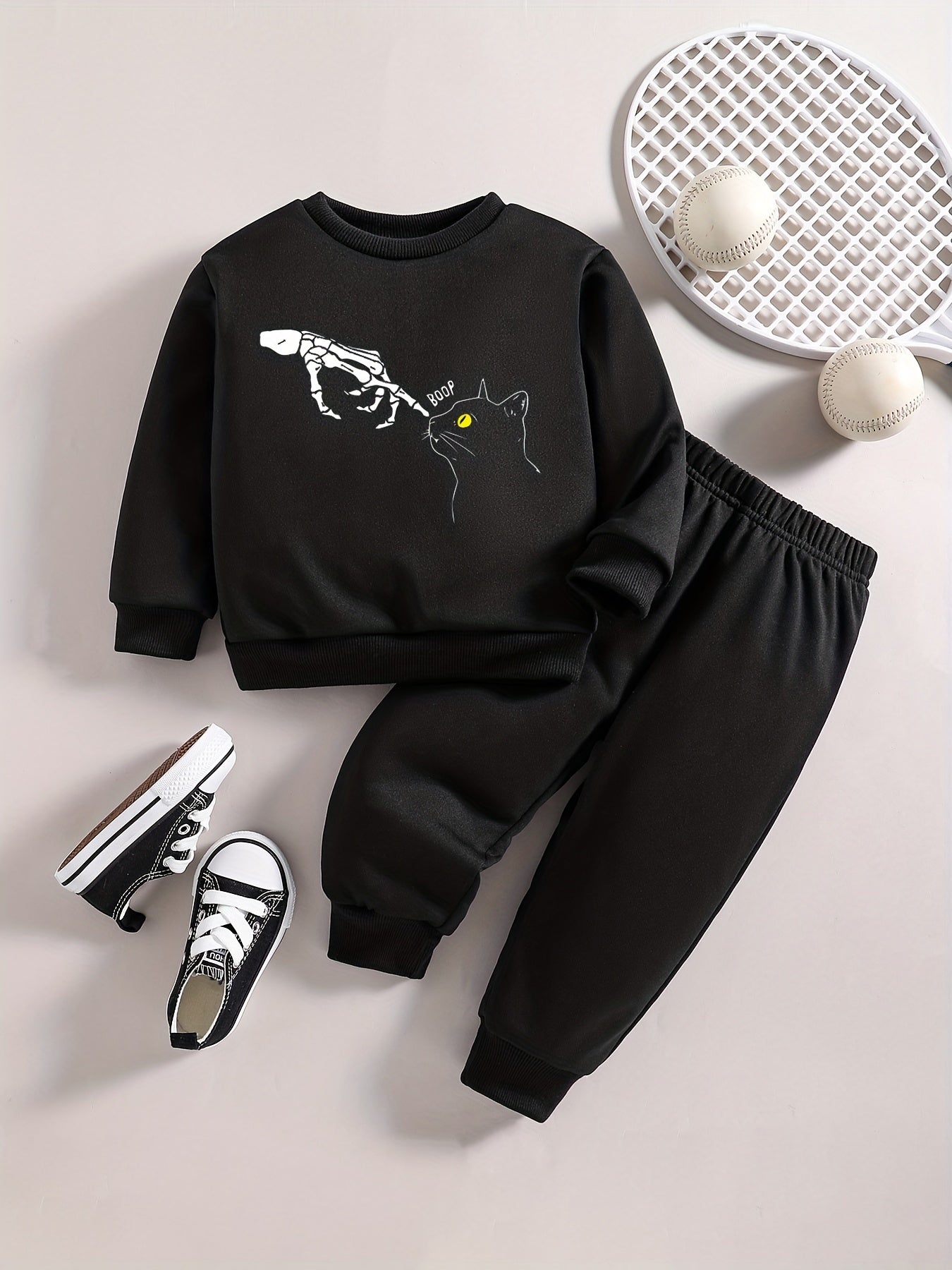 Skull Kitty Graphic Halloween Outfit Baby Boy Casual Set